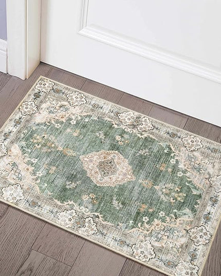 MUJOO Green Area Rug Small Rugs Boho Machine Washable Rugs Non Slip for Entryway Kitchen Bathroom Bedroom Vintage Soft Low-Pile 2'x3' Flowers