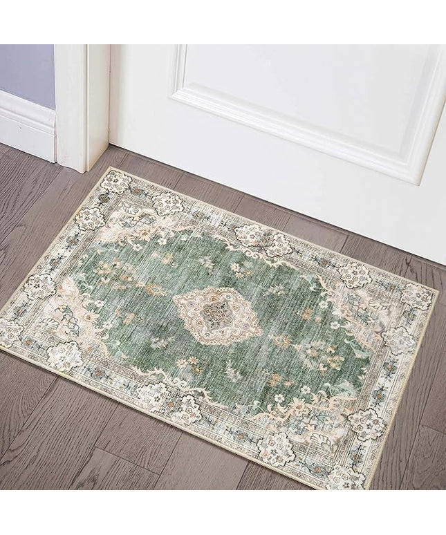 MUJOO Green Area Rug Small Rugs Boho Machine Washable Rugs Non Slip for Entryway Kitchen Bathroom Bedroom Vintage Soft Low-Pile 2'x3' Flowers
