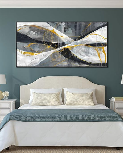 Ouzzlie Abstract Wall Art Grey Wall Decor for Living Room Large Canvas Art Picture Gold Artwork 29" x 59"