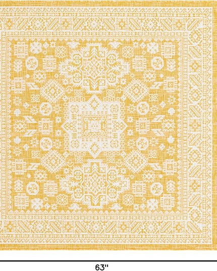 Rugs.com Outdoor Aztec Collection Rug – 5 Ft Square Yellow Flatweave Rug Perfect for Living Rooms, Kitchens, Entryways