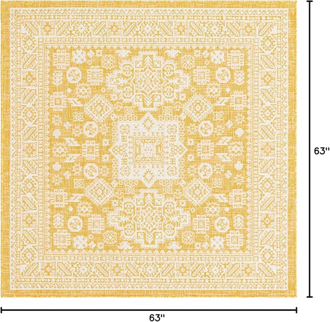 Rugs.com Outdoor Aztec Collection Rug – 5 Ft Square Yellow Flatweave Rug Perfect for Living Rooms, Kitchens, Entryways
