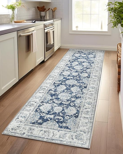 jinchan Hallway Runner Rug 3x7 Machine Washable Runner Rug Dark Blue Vintage Floral Design Non-Slip Low Pile Ultra-Thin for Kitchen Laundry Room Bedroom Farmhouse (3‘x7',Dark Blue)