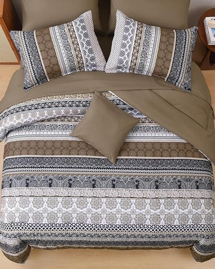 Cottolester Brown Comforter Set King Size,Boho Fall Bed in a Bag 8 Pieces,Paisley Soft Microfiber Bedding Comforter Set