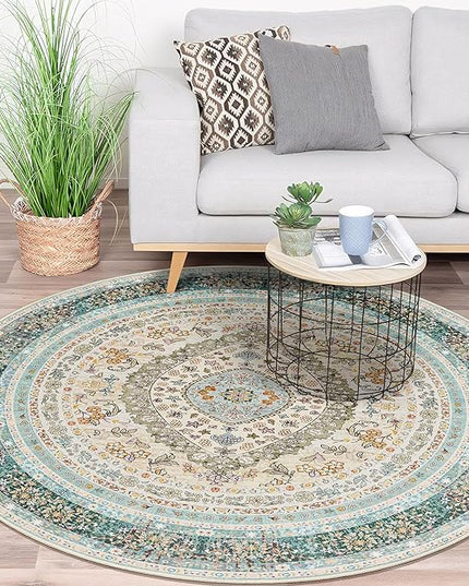 Round Area Rugs 5ft Washable,Blue Rug for Living Room Bedroom Dining Room,Large Boho Vintage Bohemian Distressed Oriental Carpet Non Slip,Floral