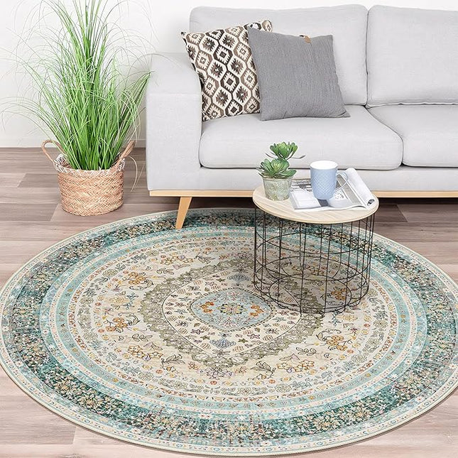 Round Area Rugs 5ft Washable,Blue Rug for Living Room Bedroom Dining Room,Large Boho Vintage Bohemian Distressed Oriental Carpet Non Slip,Floral