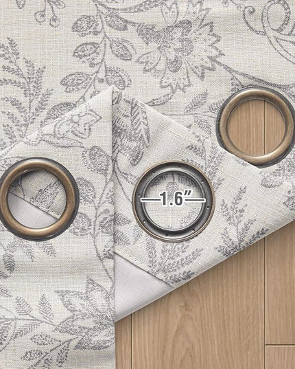 Lazzzy Grey Floral Lined Curtains Linen Farmhouse 96 Inches Long Grommet Top Drapes for Living Room Bedroom Flower Printed Country Vintage Curtains 2 Panels Set Gray on Beige