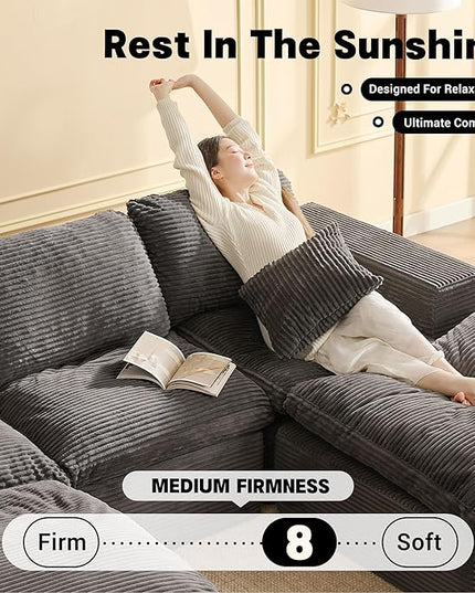 106.3” Sectional Couches for Living Room, Cloud Couch, Modular Sectional Sofa, Convertible Sofas Bed, Deep Seat Sofa, U Shaped Cozy Sofa Furniture Set, Corduroy, Gray
