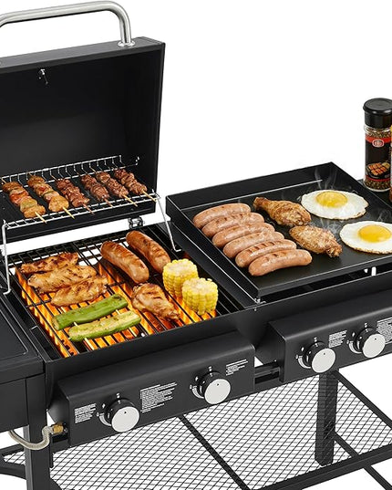 All-in-One Propane Gas Grill & Griddle Combo, 56,000 BTU 5-Burner BBQ Grill with Side Burner, 745 Sq.In Cooking Area, Heavy-Duty Outdoor Grill for Backyard & Patio