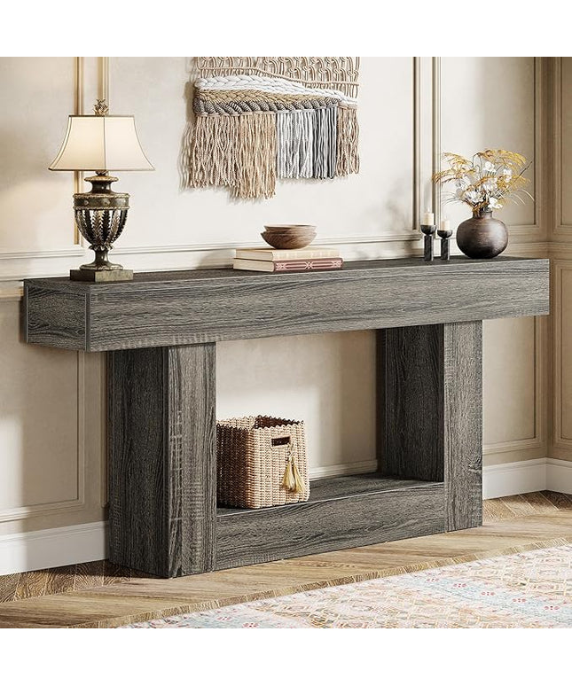 Tribesigns 63" Console Table, Farmhouse 2-Tier Entryway Table with U-Shaped Base, Narrow Long Wood Sofa Table Behind Couch Table for Living Room, Hallway, Foyer, Dark Gray