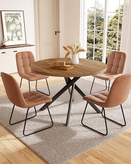 45.3 Inch Round Dining Table Set for 4, Mid Century Modern Small Coffee Set for Dining Room Kitchen Apartment (Light Walnut + 4 U-Shaped Brown Chairs)