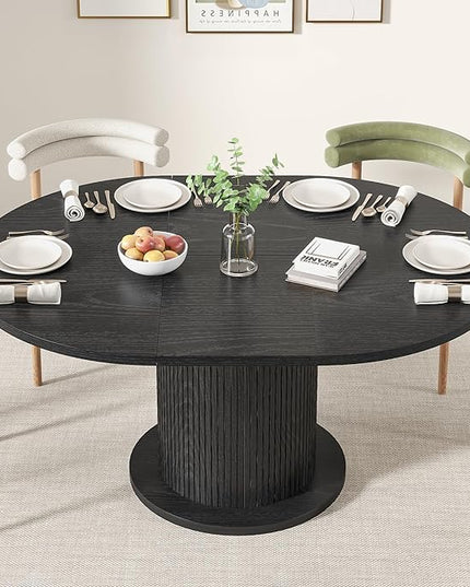 43.3 inch 59 inch Adjustable Size Round Dining Table for 4 6, Unique Design Modern Farmhouse Kitchen Table, Circle Dining Tables with Wood Strip Base for Kitchen Living Room (Black)