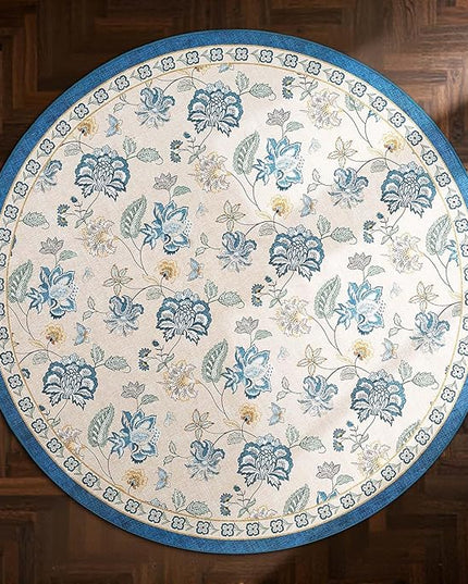 jinchan Elora 6ft Floral Round Rug for Dining Room Washable Living Room Rug Vintage Romance Design Non Slip Indoor Floor Cover Lightweight Low-Profile Throw Carpet for Bedroom Porch Patio, Blue/Beige