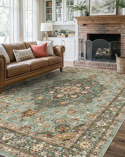 Washable Oriental Area Rug - 7x10 Rugs for Living Room Soft Carpet for Bedroom Waterproof Floral Distressed Indoor Stain Resistant Non-Shedding Floor Carpets (Green, 7x10)