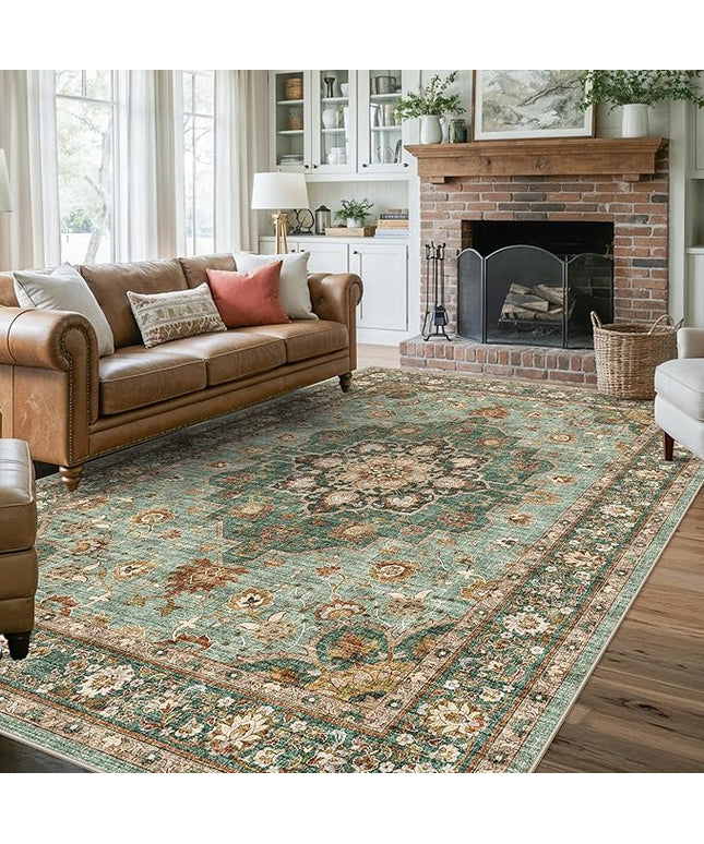 Washable Oriental Area Rug - 7x10 Rugs for Living Room Soft Carpet for Bedroom Waterproof Floral Distressed Indoor Stain Resistant Non-Shedding Floor Carpets (Green, 7x10)