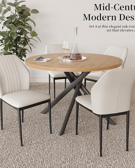 45.3 Inch Round Dining Table Set for 4, Mid Century Modern Small Kitchen Coffee Set for Dining Room Kitchen Apartment (Oak Table + 4 White Chairs)