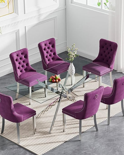Rectangle Glass Dining Table Set for 6, 60'' Kitchen Table and Chairs Set, 7PCS Modern Dining Room Table Set with 6 Velvet Dining Chair for Home