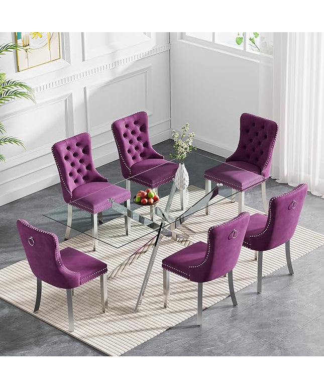Rectangle Glass Dining Table Set for 6, 60'' Kitchen Table and Chairs Set, 7PCS Modern Dining Room Table Set with 6 Velvet Dining Chair for Home