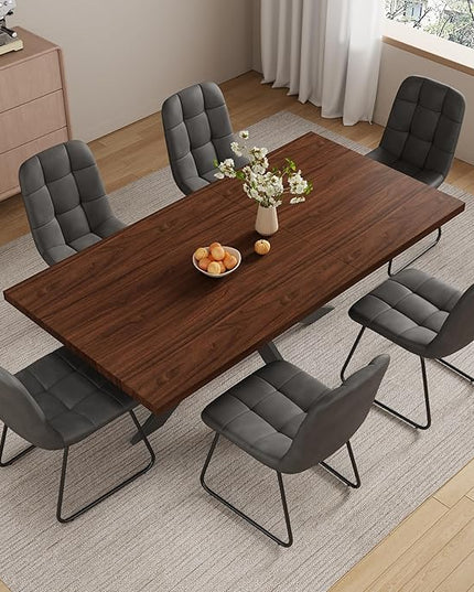 Extendable Dining Table Set for 6–8 People, Modern Walnut Rectangular Dining Table 63"-79" with 6 Leather Chairs, Space-Saving Expandable Kitchen Table Set with Sturdy Metal Frame for Dining Room