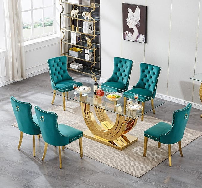 Henf 7-Piece Glass Dining Table Set with 6 Upholstered Dining Chairs, Large Gold Dining Table and Chair Set for 6, Modern Kitchen Table Furniture for Dining Room, Stainless Steel Base and Glass Top