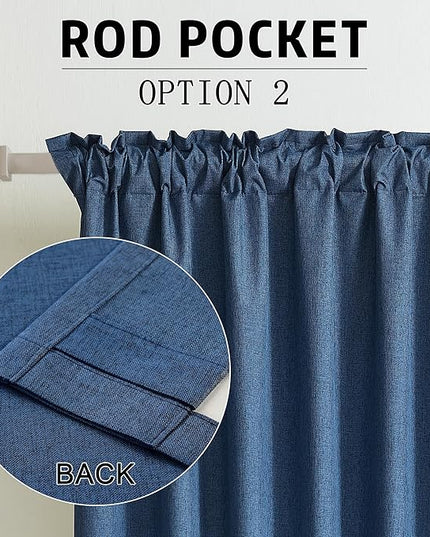 DUALIFE 90 Inch Blackout Blue Curtains Boho, Thermal Insulated Curtains for Summer Heat for Bedroom Living Room Linen Pleated Drapes 90 Inches Long Rod Pocket(50W x 90L x 2 Panels)