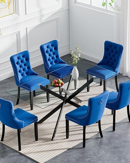 HomVent 7 Piece Rectangular Glass Dining Table Set, Tempered Glass Dinner Table Set for 6 Kitchen Table Set with 6 Velvet Upholstered Chairs for Kitchen Dining Room