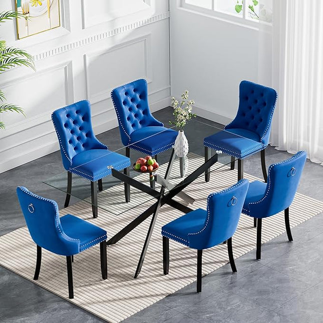 HomVent 7 Piece Rectangular Glass Dining Table Set, Tempered Glass Dinner Table Set for 6 Kitchen Table Set with 6 Velvet Upholstered Chairs for Kitchen Dining Room