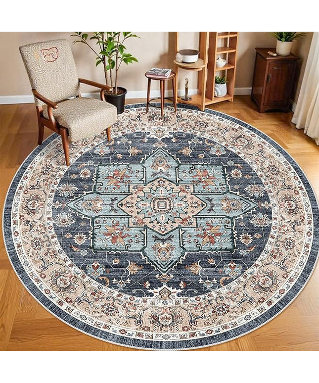 Washable Oriental Area Rug - 8ft Round Rugs for Living Room Soft Carpet for Bedroom Waterproof Floral Distressed Indoor Stain Resistant Non-Shedding Floor Carpets (Blue/Teal/Orange, 8ft-Round)