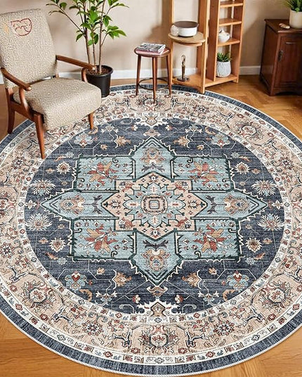 Washable Oriental Area Rug - 9ft Rugs for Living Room Soft Carpet for Bedroom Waterproof Floral Distressed Indoor Stain Resistant Non-Shedding Floor Carpets (Blue/Teal/Orange, 9ft-Round)