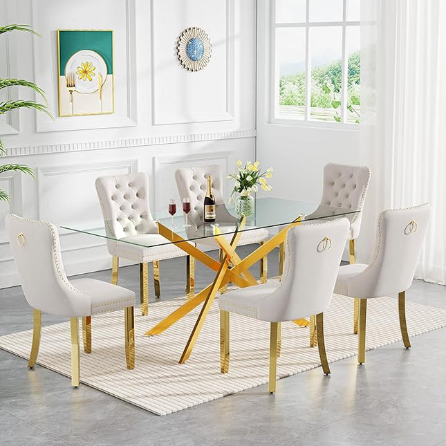 Rectangle Glass Dining Table Set for 6, 60'' Kitchen Table and Chairs Set, 7PCS Modern Dining Room Table Set with 6 Velvet Dining Chair for Home