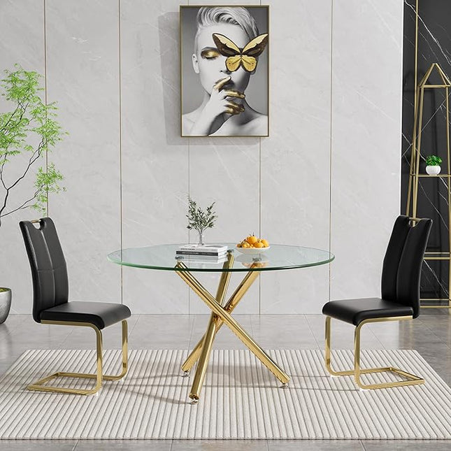 HomVent Round Glass Dining Table Set for 2, 3-Piece Modern Kitchen Table Set with 2 PU Upholstered Chair for Kitchen Dining Room, Glass Dining Room Table Set