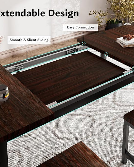 iPormis 7-Piece Dining Table Set with 6 Stools, 63" Extendable Kitchen Table Set for 4-8, Modern Dining Room Table with Sturdy Metal Frame, Space-Saving Dinette, Espresso
