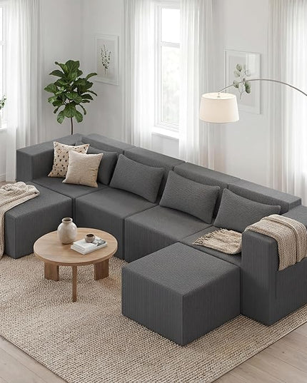 Minimalist Modular Corduroy Cloud Couch Sectional – Oversized Boneless Memory Foam Sofa for Living Room, Modern Comfy Couch, No Assembly Needed（130" U Shaped Boneless Sofa 4-Seater + 2*Ottoman,Grey）