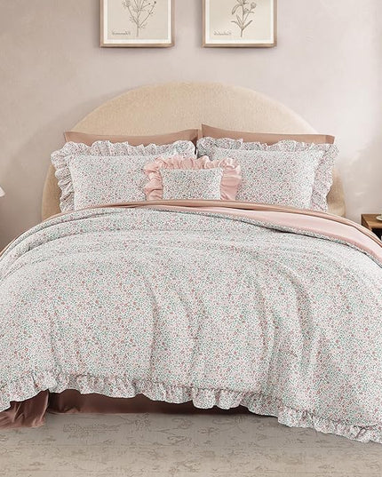 King Comforter Set - 7 Pieces Ruffle Pink Ditzy Bedding Sets, Shabby Chic Farmhouse Bed in a Bag King with Floral Comforter, Sheets, Pillowcases & Shams