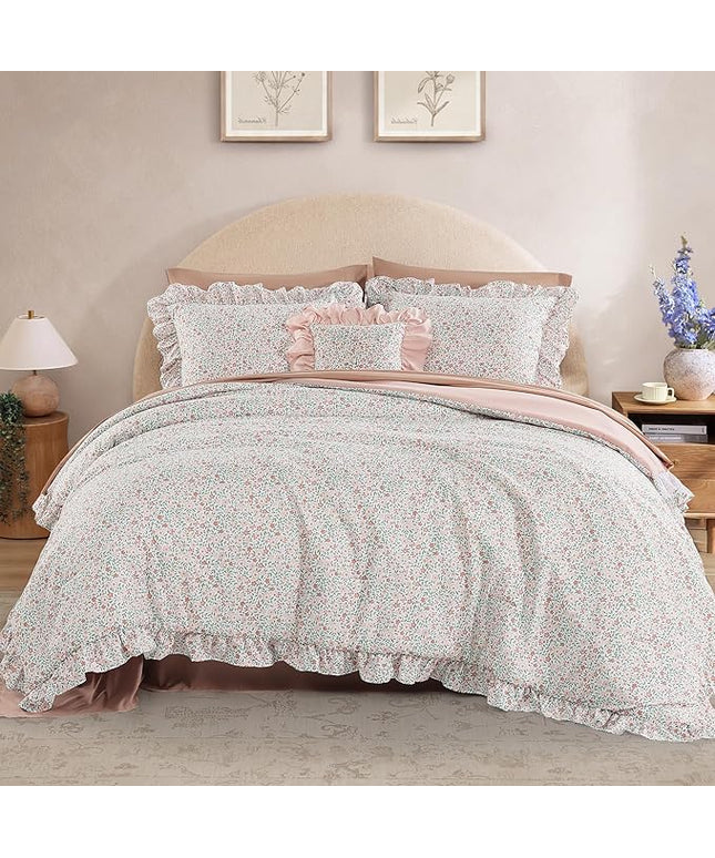 Twin XL Comforter Set - 5 Pieces Ruffle Pink Ditzy Bedding Sets, Shabby Chic Farmhouse Bed in a Bag Twin XL with Floral Comforter, Sheets, Pillowcase & Sham