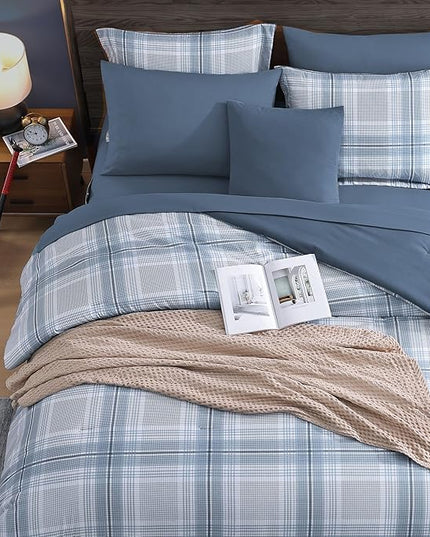 MaiRêve Plaid Full Comforter Sets, Light Blue Grid Farmhouse Bedding Set Bed in A Bag, Classic Checkered Comforter Sets with Fitted & Flat Sheet, Pillowcases & Shams(Light Blue, 80"x90")