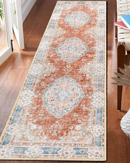 MUJOO Hallway Runner Rug 2'x8' Long Rug Runners Boho Machine Washable Non Slip Carpet for Entryway Kitchen Bathroom Bedside Retro Soft Low-Pile Blossom Orange