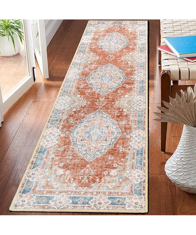 MUJOO Hallway Runner Rug 2'x8' Long Rug Runners Boho Machine Washable Non Slip Carpet for Entryway Kitchen Bathroom Bedside Retro Soft Low-Pile Blossom Orange
