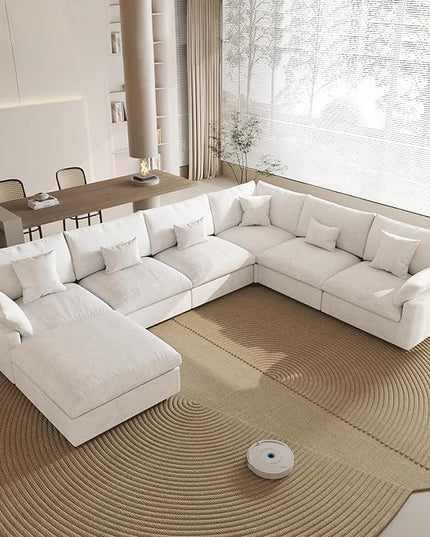 Cloud Couch for LivingRoom,153" U Shaped Modular Sectional Couch with Storage Ottoman,Down Filled 7 Seater Convertible Sleeper Sofa Bed Oversized Furniture,White