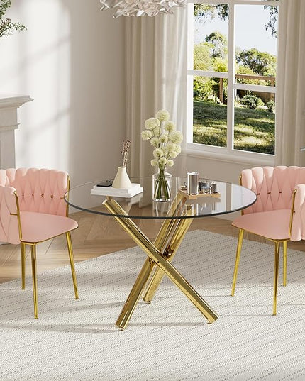 3 Pieces Gold Luxury Round Dining Table Set, Modern Minimalist Circle Dinner Room Set, 36'' Clear Circular Glass Top Kitchen Table with Pink Woven Chairs Set of 2, for Bedroom Small Apartment