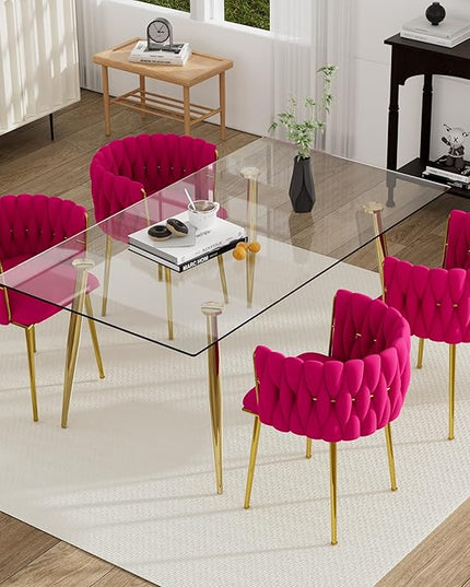 5 Piece Modern Gold Dining Room Set, 63'' Luxury Minimalist Kitchen Table Set, 4 Person Clear Glass Top Rectangle Dinner Room Set, Rose Red Woven Dining Chair for Home Living Room Large Place