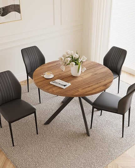 45.3'' Walnut Round Dining Table Set for 4, Mid Century Modern Small Coffee Set for Dining Room Kitchen Apartment (Light Walnut + 4 Black Chairs)