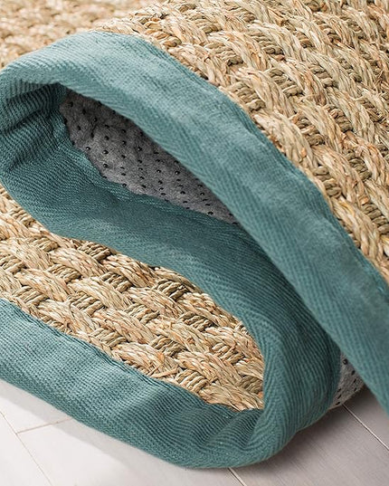SAFAVIEH Natural Fiber Collection Runner Rug - 2'6" x 12', Natural & Light Blue, Seagrass, Basketweave Pattern with Border (NF114M)
