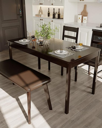4-Piece Solid Wood Indoor Modern Rectangular Dining Table Set for 4 with Chairs and Bench,Table and Chairs Set with PU Leather Cushion for Kitchen,Bar,Living Room,Breakfast Nook,Brown
