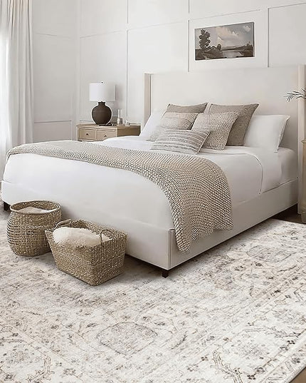 ReaLife Rugs Machine Washable Area Rug - Stain Resistant,Non-Shed - Eco-Friendly,Non-Slip, Family & Pet Friendly - Made from Premium Recycled Fiber - Vintage Bohemian Medallion - Beige Ivory, 4' x 6'