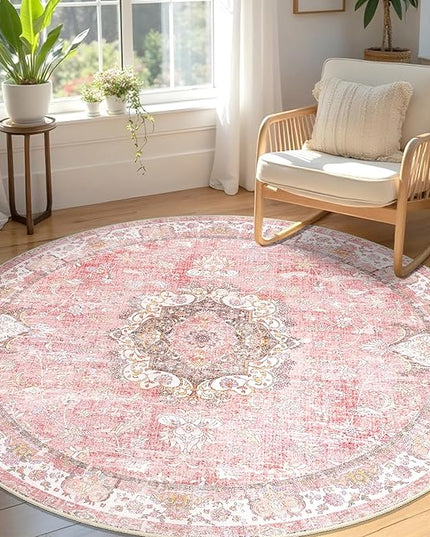 Pink Round Rug 5ft, Circle Boho Area Rugs for Bedroom Living Room Bedside,Washable Vintage Bohemian Distressed Oriental Floral Carpet Non Slip,Blush Floral Flowers