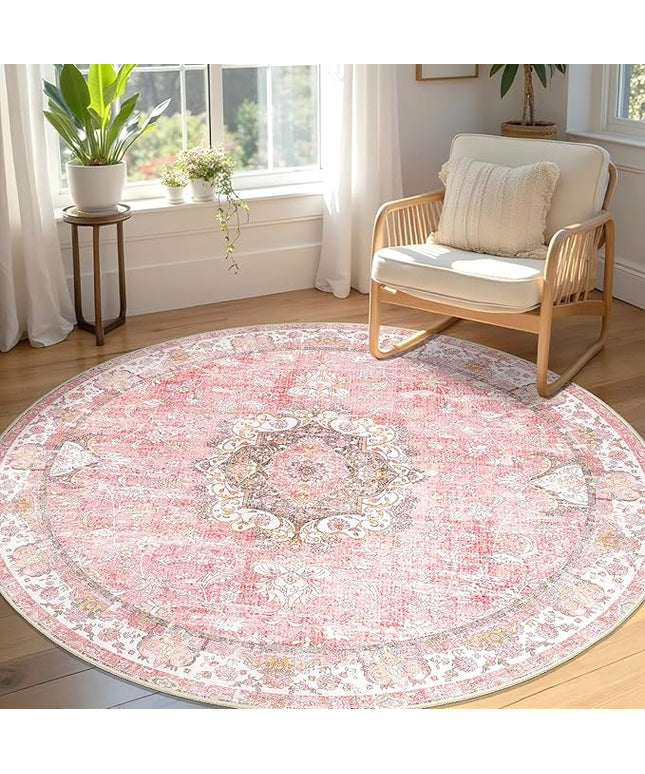 Pink Round Rug 5ft, Circle Boho Area Rugs for Bedroom Living Room Bedside,Washable Vintage Bohemian Distressed Oriental Floral Carpet Non Slip,Blush Floral Flowers