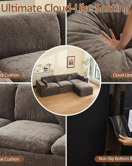 115''Cloud Boneless Sectional Couch, Modular Sectional Sofa Deep Seat with Ottoman, Oversized Upholstered Convertible Comfy 4 Seater Chenille Sofa L Shape Couches for Living Room, Brown