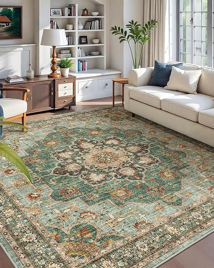 Green Living Room Rug - Washable 9x9 Area Rug for Dining Room Under Table Oriental Soft Low Pile Carpet for Bedroom - Vintage Design Retro Indoor Decor (Green, 9x9)