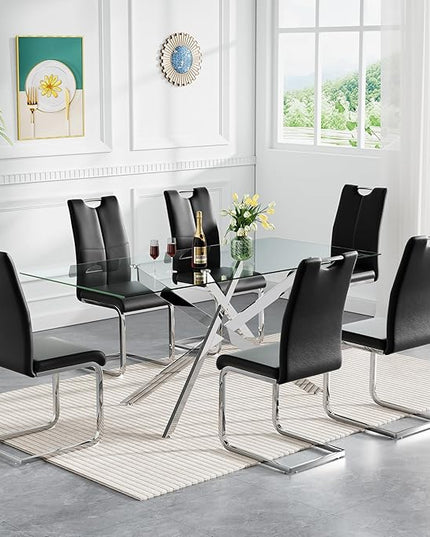 HomVent 7 Piece Rectangular Glass Dining Table Set, Rectangular Glass Kitchen Table Set for 6 with 6 PU Upholstered Dining Chairs for Kitchen Dining Room