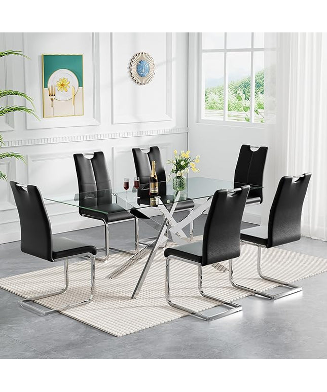 HomVent 7 Piece Rectangular Glass Dining Table Set, Rectangular Glass Kitchen Table Set for 6 with 6 PU Upholstered Dining Chairs for Kitchen Dining Room